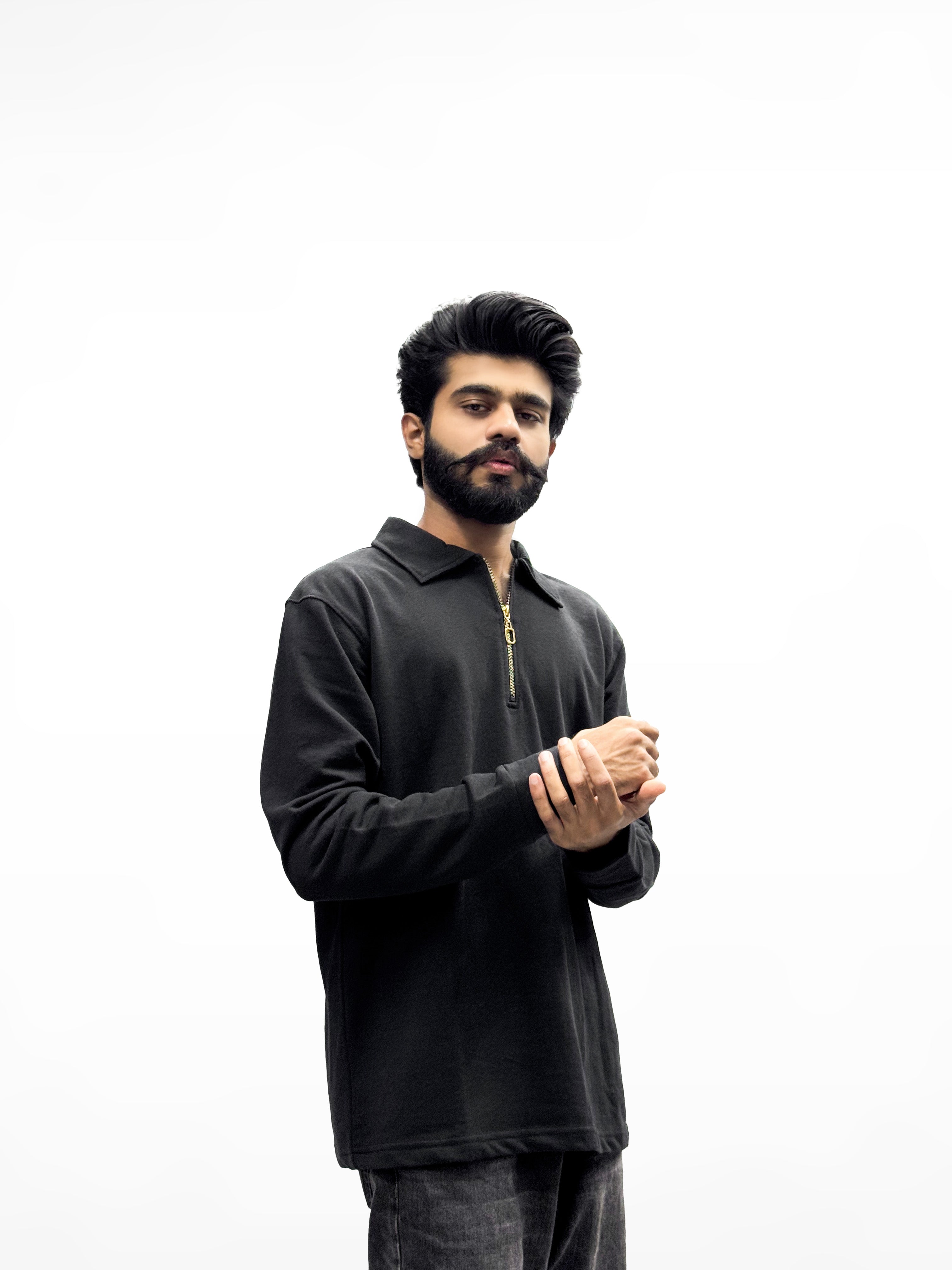 Premium Black Zip-Up Collar Full Sleeves Shirt